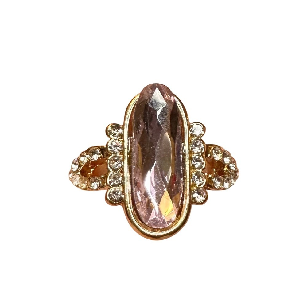 Pink baguette statement ring with clear rhinestones gold plated size 6.25